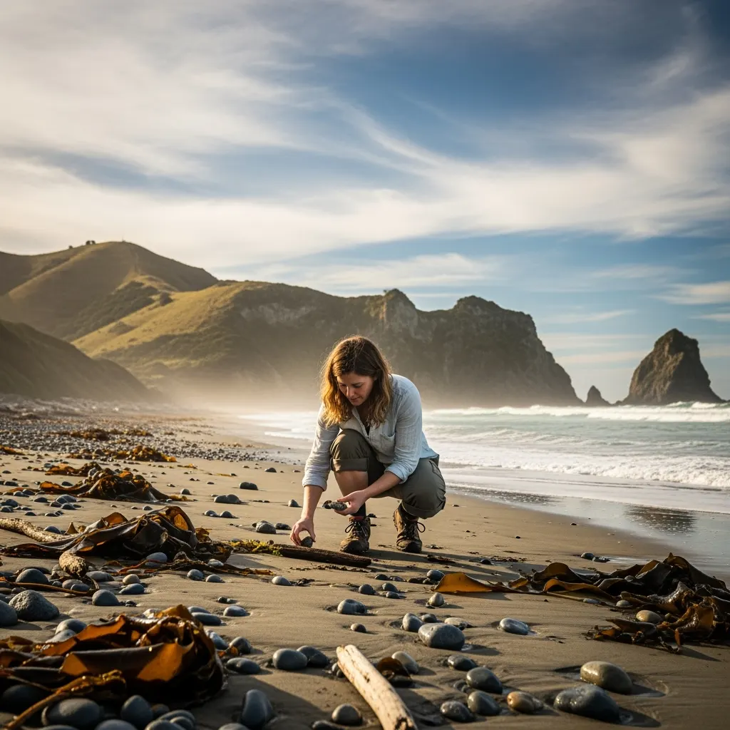 Beachcomber on a New Zealand beach searching for ambergris
