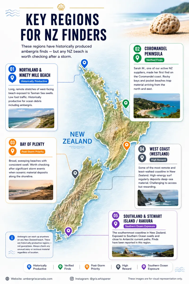 Key regions in New Zealand for ambergris finds