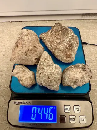 Five pale ambergris pieces from the sorted lot on a blue digital scale