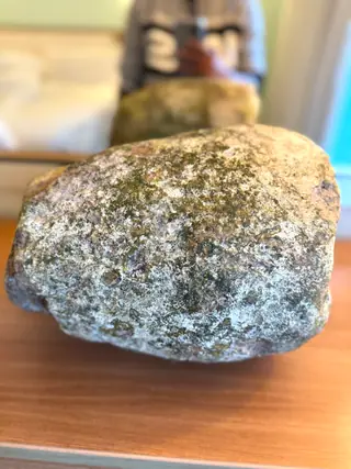 The very large grey ambergris piece with green mottling on a wooden table