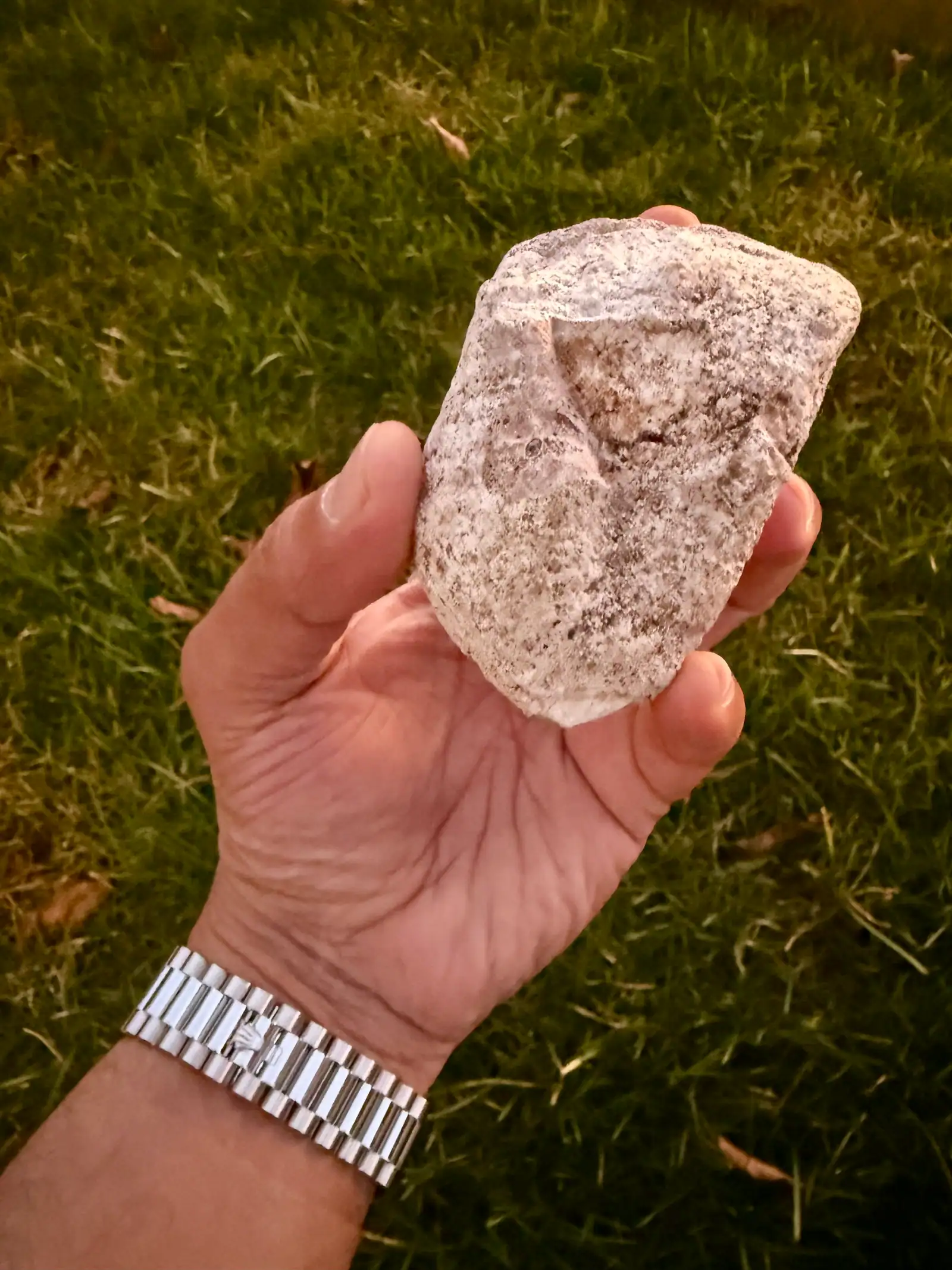 A pinkish-white speckled ambergris piece held upright in one hand over grass